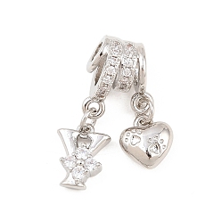Letter Y Латунные микропаве прозрачные подвески с фианитом, сердце прелести, долговечный, стойки покрытие, без кадмия и без свинца, платина, Письмо Y, 23.5 мм, отверстия : 3 mm и 4 мм, Сердце: 8.5x8x3.5 mm, Письмо: 10x8x3.5 мм