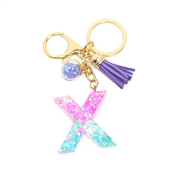 Letter X Resin Keychains, Tassel Keychain, Glass Ball Keychain, with Light Gold Tone Plated Iron Findings, Alphabet, Letter.X, 11.2x1.2~5.7cm