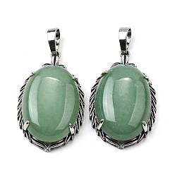 Зеленый Авантюрин Естественный зеленый авантюрин подвески, латунные овальные подвески, античное серебро, 33.5~34x21x10 мм, отверстие : 8x5 мм
