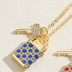 Cornflower Blue Real 14K Gold Plated Brass Cubic Zircon Pendant Necklace, Valentine's Day Theme Enamel Lock & Key Jewelry for Women, Cornflower Blue, 17.72 inch(45cm)