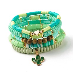 Green Natural Sandalwood Round & Polymer Clay Heishi Beads Stretch Bracelets Sets, Cactus Heart Charm Stackable Bracelets for Women, Green, Inner Diameter: 2 1/8~2-1/4 inch(5.4~5.7cm), 5pcs/set