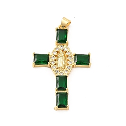 Dark Green Rack Plating Brass Pendants, with Glass Cubic Zirconia, Religion Cross with Virgin Mary Charm, Cadmium Free & Lead Free, Long-Lasting Plated, Real 18K Gold Plated, Dark Green, 43x27x4mm, Hole: 5x3mm