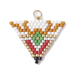 Colorful Handmade MIYUKI Delica Seed Loom Pattern, Triangle Pendant with 304 Stainless Steel Jump Rings, Colorful, 21x25x1.8mm, Hole: 2.5mm
