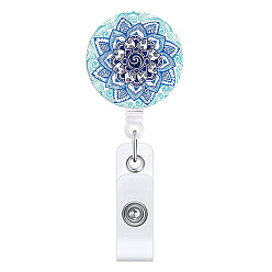 Blue ABS Plastic Retractable Badge Reels, Card Holders, with Platinum Clips, ID Badge Holder for Nurses, Flat Round with Mandala Pattern, Blue, 85mm