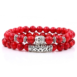 Synthetic Turquoise 2Pcs 2 Style Synthetic Turquoise Stretch Bracelets Set with Alloy Buddha Head, Gemstone Jewelry for Women, 7~1/4~7-1/2 inch(18.5~19cm), 1Pc/style