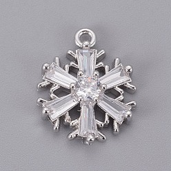 Platinum Brass Cubic Zirconia Pendants, Long-Lasting Plated, Christmas Snowflake, Clear, Platinum, 17x13x4mm, Hole: 1.2mm