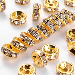 Crystal Brass Rhinestone Spacer Beads, for Jewelry Craft Making Findings, Grade A, Straight Flange, Golden Metal Color, Rondelle, Crystal, 6x3mm, Hole: 1mm