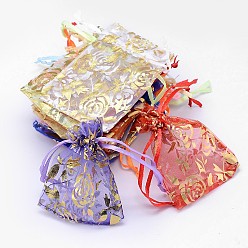 Mixed Color Gold Stamping Rose Flower Rectangle Organza Gift Bags, Jewelry Packing Drawable Pouches, Mixed Color, 9x7cm
