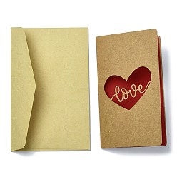 Heart Kraft Paper Greeting Cards, Tent Card, Mother's Day Theme, with Envelope, Rectangle with Word Love, Heart, 187x118x0.5mm
