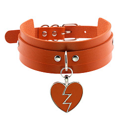orange Rocking Heart Pendant Collar with Double-layer Leather Chain and Lock Clavicle Necklace