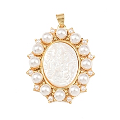 Virgin Овальные подвески из натуральной белой ракушки, с латунной оправой и искусственным жемчугом из АБС-пластика, реальный 18 k позолоченный, долговечный, без кадмия и без свинца, стойки покрытие, девственница, 35.5x29.5x6 мм, отверстие : 4.5x3.5 мм