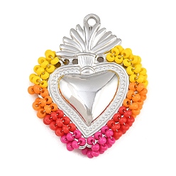 Red 304 Stainless Steel Pendants, with Glass Seed Beads, Sacred Heart Charms, Stainless Steel Color, Red, 38x29x5.5mm, Hole: 2mm