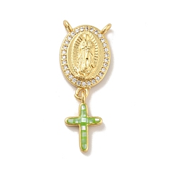 Lime Green Brass Charms, with Shell, Cadmium Free & Lead Free, Long-Lasting Plated, Oval with Saint & Cross, Real 18K Gold Plated, Lime Green, 30mm, Hole: 1.5mm