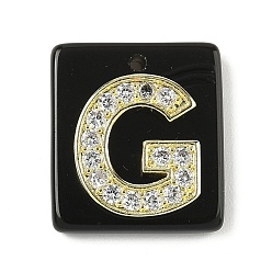 Letter G Природные подвески обсидиана, прямоугольные подвески с латунной микропаве прозрачной кубической циркониевой буквой, реальный 18 k позолоченный, долговечный, стойки покрытие, Буква G, 21x18x5 мм, отверстие : 1.4 мм