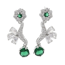 Зеленый Женские серьги-гвоздики из латуни с фианитом и цветком, платина, зелёные, 30x12 мм