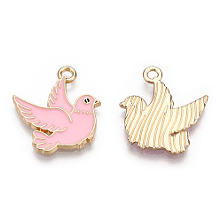 Pink Сплав эмали подвески птиц, без кадмия, без никеля и без свинца, золотой свет, голубь мира, розовые, 20x18x2 мм, отверстие : 1.6 мм