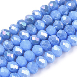 Cornflower Blue Electroplate Glass Beads Strands, Opaque Solid Color, AB Color Plated, Faceted, Rondelle, Cornflower Blue, 4x3mm, Hole: 0.40mm, about 123~127pcs/strand, 16.5~16.9 inch(42~43cm)