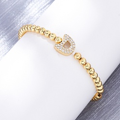 Letter D Латунные круглые бусины эластичные браслеты, Подвеска в виде буквы из латуни с микропаве из прозрачного кубического циркония для женщин, без свинца и без кадмия, стойки покрытие, реальный 18 k позолоченный, Буква D, внутренний диаметр: 2~2-1/8 дюйм (5~5.5 см)