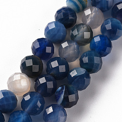 Marine Blue Natural Banded Agate/Striped Agate Beads Strands, Round, Faceted, Dyed, Marine Blue, 8mm, Hole: 1.2mm, about 49~50pcs/strand, 14.96 inch(38cm)