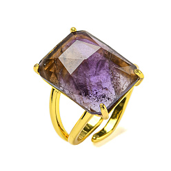 Аметист Прямоугольные открытые кольца-манжеты с натуральным аметистом, позолоченное латунное кольцо унисекс, внутренний диаметр: регулируемый
