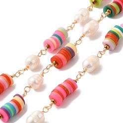Mixed Color Natural Pearl Beaded Chains, Heishi Polymer Clay Link Chains, with Golden Tone Brass Findings, with Spool, Cadmium Free & Lead Free, Mixed Color, Polymer Clay Link: 22.5x6mm, Pearl: 15.5~16x5.5x6mm