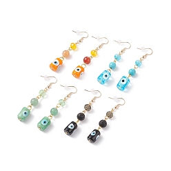 Mixed Color Lampwork Column with Evil Eye & Gemstone Beaded Dangle Earrings, Brass Long Drop Earrings for Women, Mixed Color, 63mm, Pin: 0.9mm
