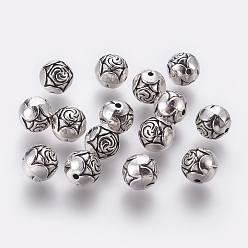 Antique Silver Tibetan Style Alloy Round Carved Rose Beads, Cadmium Free & Lead Free, Antique Silver, 8.5mm, Hole: 1.5mm, about 490pcs/1000g