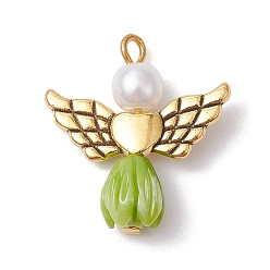 Yellow Green Resin Imitation Pearl Pendants, Rose Angel Charms with Antique Golden Plated Alloy Heart Wings, Yellow Green, 23.5~24x22x6.5mm, Hole: 1.8~2.2mm