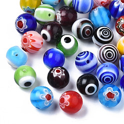 Mixed Color Handmade Millefiori Lampwork Beads & Evil Eye Lampwork Beads, Round, Mixed Color, 10x9.5mm, Hole: 1.2~1.4mm, about 100pcs/bag