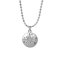 Stainless Steel Color Stainless Steel Rhinestone Flat Round with Star Pendant Necklaces, Ball Chain Necklace for Women, Stainless Steel Color, 16-1/2 inch(42cm)