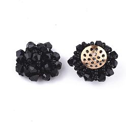 Black Glass Beads Cabochons, with Seed Beads and Iron Sieve Findings, Light Gold, Black, 21~23x12~14mm