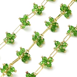 Lime Green Rack Plating Real 18K Gold Plated Brass Oval Link Chains, with Glass Flower Charms, Soldered, with Spool, Lead Free & Cadmium Free, Lime Green, 8x2x0.9mm