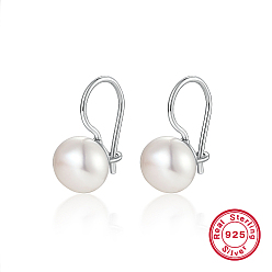 Platinum Rhodium Plated 925 Sterling Silver Dangle Earrings, with Natural Pearls, Platinum, 15x8.3mm