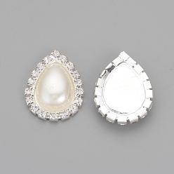 Clear Brass Rhinestone Flat Back Cabochons, with ABS Plastic Imitation Pearl, teardrop, Silver Color Plated, Clear, 26x20x5.5mm