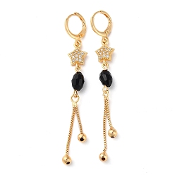 Light Gold Rhinestone Star Leverback Earrings with Glass Beaded, Brass Chains Tassel Earrings for Women, Light Gold, 72x9mm
