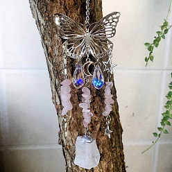 Rose Quartz Metal Hollow Butterfly Hanging Ornaments, Natural Rose Quartz Chip and Glass Teardrop Tassel Suncatchers for Home Outdoor Decoration, 210~230mm