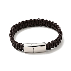 Stainless Steel Color Leather Braided Cord Bracelet with 304 Stainless Steel Magnetic Clasp for Men Women, Stainless Steel Color, 8-5/8 inch(22cm)