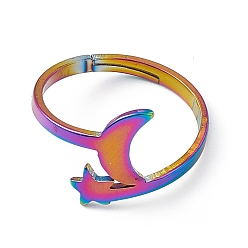 Rainbow Color Ion Plating(IP) 201 Stainless Steel Moon & Star Adjustable Ring for Women, Rainbow Color, US Size 6 1/4(16.7mm)