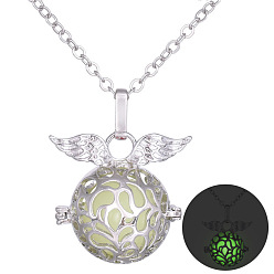 Wing Alloy Cage Pendant Necklaces, with Luminous Stone, Wing, 23.62 inch(60cm)