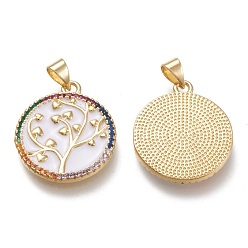 White Brass Micro Pave Cubic Zirconia Pendants, with Enamel, Real 18K Gold Plated, Flat Round with Tree, White, 23x20x2mm, Hole: 3x5.5mm