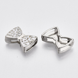 Platinum Alloy Slide Charms, with Polymer Clay Rhinestone, Bowknot, Platinum, PP13(1.9~2mm), 14x19.5x6mm, Hole: 2x10.5mm and 2x8mm