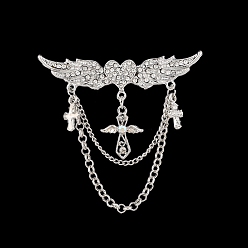 Silver Alloy Angel Wing Kilt Pins with Rhinestone, Chains Tassel Charms Brooch, Silver, 80x60mm