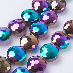 Multi-color Plated Electroplate Glass Beads Strands, Full Plated, Faceted, Flat Round, Multi-color Plated, 14x8mm, Hole: 1mm, about 25pcs/strand, 13.7 inch