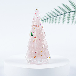 Rose Quartz Resin Christmas Tree Display Decoration, with Natural Rose Quartz Chips inside Statues for Home Office Decorations, 45x40x86mm