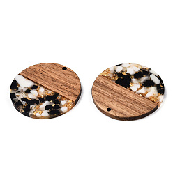 Black Transparent Resin & Walnut Wood Pendants, with Gold Foil, Flat Round Charms, Black, 38.5x3mm, Hole: 2mm