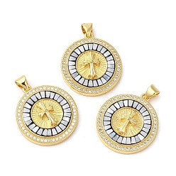 Белый Латунные микропаве прозрачные подвески с фианитом, с эмалью и ракушкой, долговечный, без свинца и без кадмия, реальный 18 k позолоченный, плоские круглые с крестом, белые, 25x22x4.5 мм, отверстие : 5x3.5 мм
