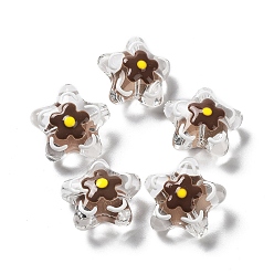 Coconut Brown Handmade Lampwork Beads, with Enamel, Star with Flower, Coconut Brown, 20~20.5x21~21.5x11.5~12mm, Hole: 1.6mm