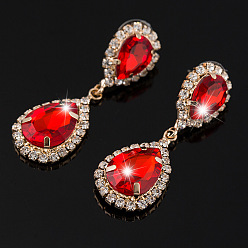 Gold + Red Sparkling Bridal Drop Earrings with Rhinestones for Fashionable Women
