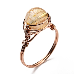 Yellow Quartz Natural Yellow Quartz Round Finger Ring, Rack Plating Rose Gold Brass Wire Wrap Ring, Inner Diameter: 20mm