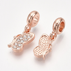 Rose Gold Alloy European Dangle Charms, with Rhinestone, Large Hole Pendants, Butterfly, Crystal, Rose Gold, 25mm, Hole: 4mm